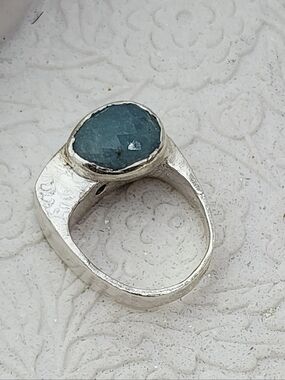 AQUAMARINE HALLOW EMBOSSED RING HANDMADE IN STERLING SILVER SIZE 7.50